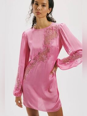 $522 NWT For Love And Lemons “Oakley” Satin Mini Dress in Pink Sz X-Small